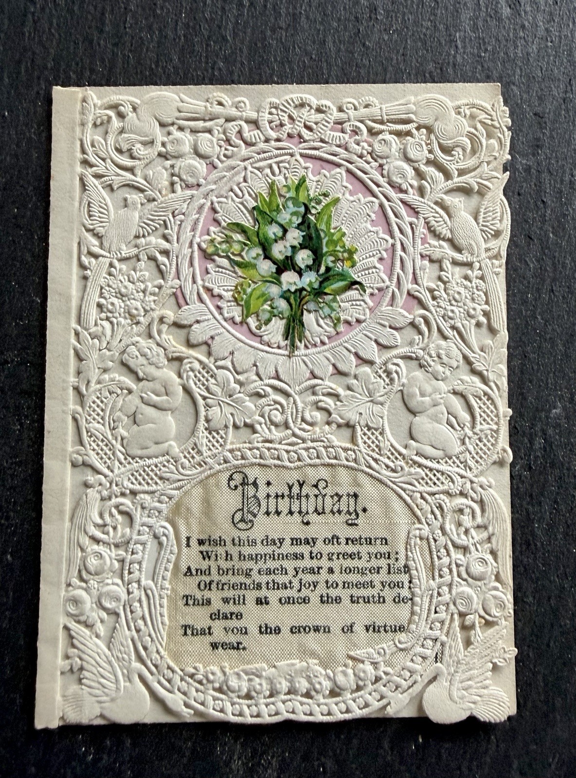 Antique Victorian Birthday Card Figural Paper Lace Cherubs Birds Lily of Valley Antique Victorian Birthday Card Figural Paper Lace Cherubs Birds Lily of Valley