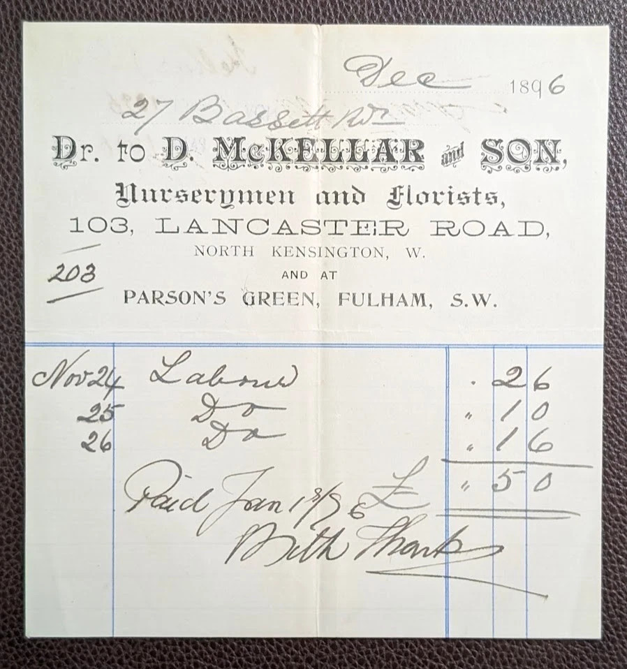 1896 D. McKellar & Son Florists 103 Lancaster Rd North Kensington London Invoice 1896 D. McKellar & Son Florists 103 Lancaster Rd North Kensington London Invoice