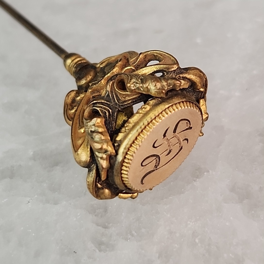 Antique Victorian Hat Pin Art Nouveau Etched Initial Gold Filled 10.5" Antique Victorian Hat Pin Art Nouveau Etched Initial Gold Filled 10.5"