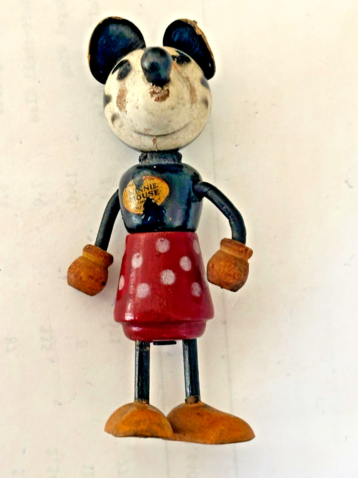 1930s Walt Disney Minnie Mouse Fun-E-Flex Wooden Figure 3.5" Vintage Toy