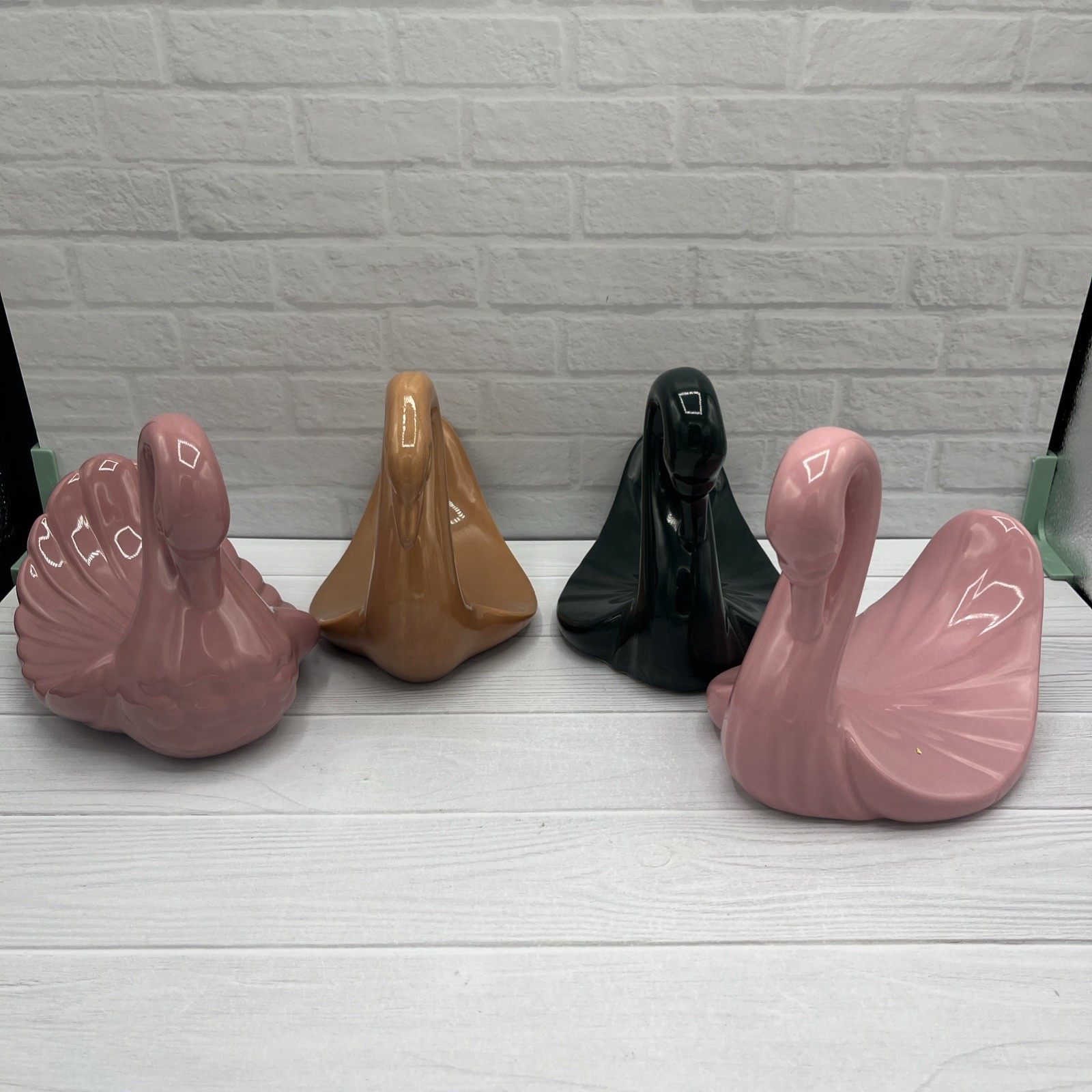 Vintage Ceramic Swan Towel Holders Set of 4 Pink Green Brown Mid Century Modern