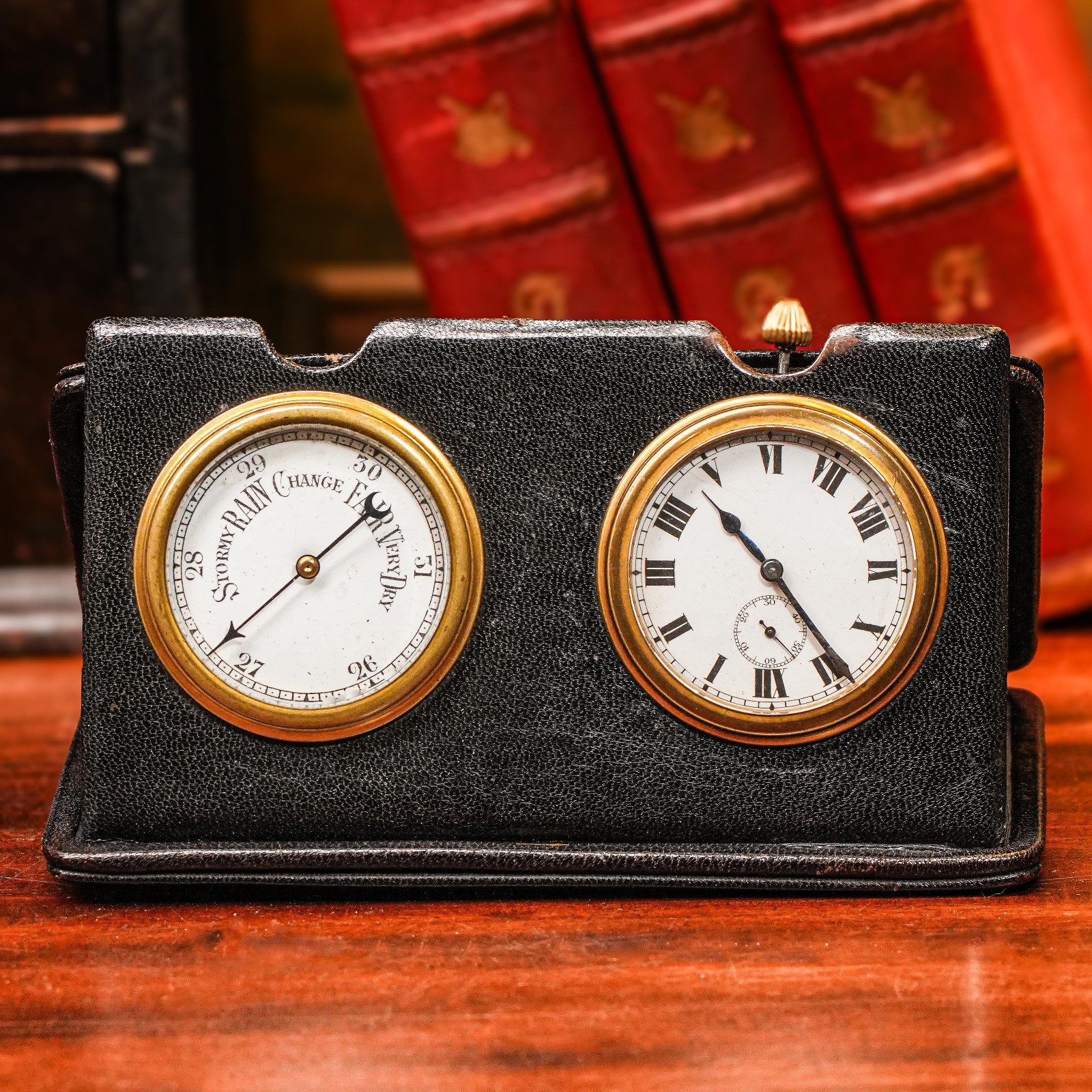 Portable Antique Hand Painted Porcelain Travel Desk Clock Barometer Leather Case