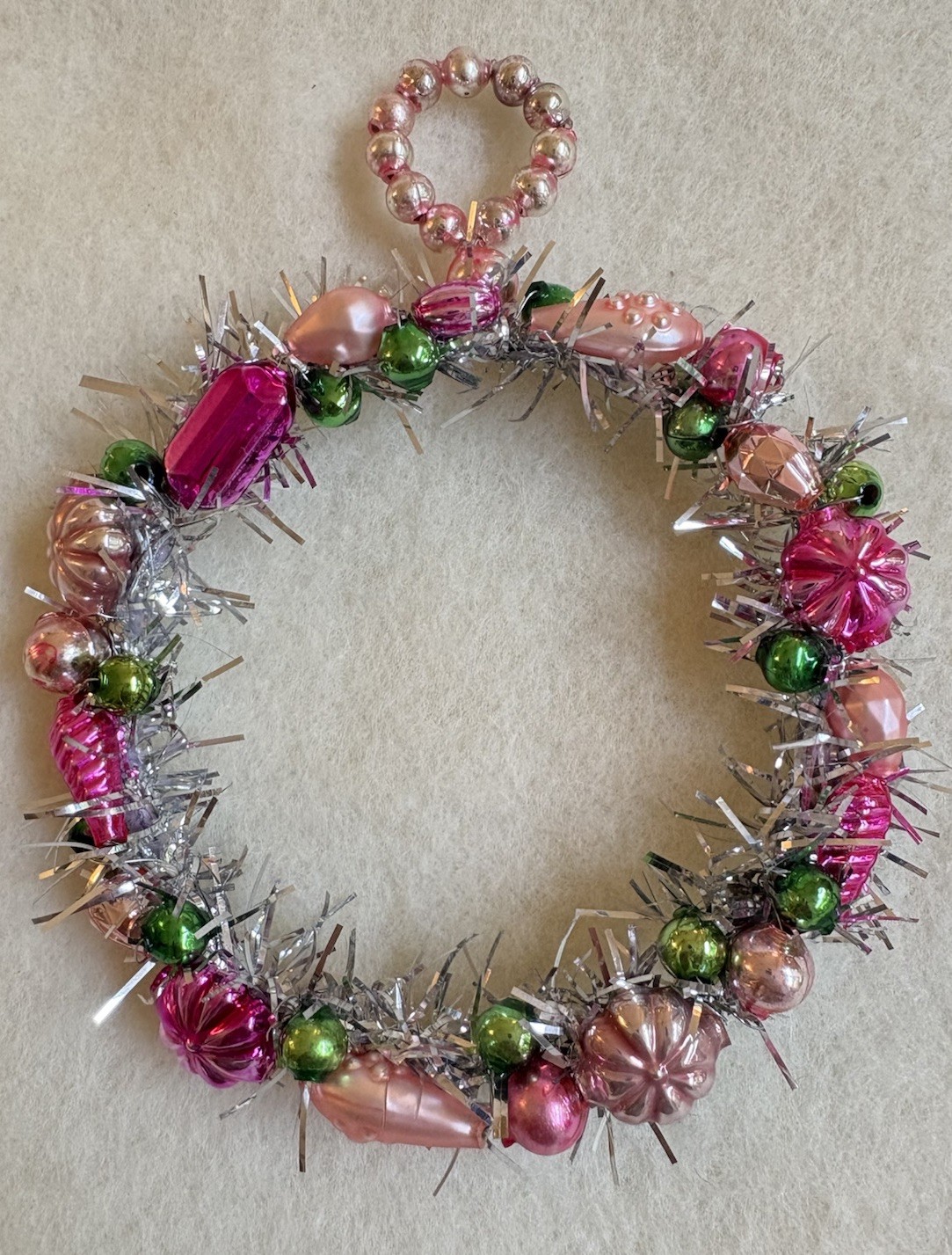 Lovely Vintage 4” Tinsel Christmas Wreath Ornament ~ Mercury Glass Beads (422) Lovely Vintage 4” Tinsel Christmas Wreath Ornament ~ Mercury Glass Beads (422)