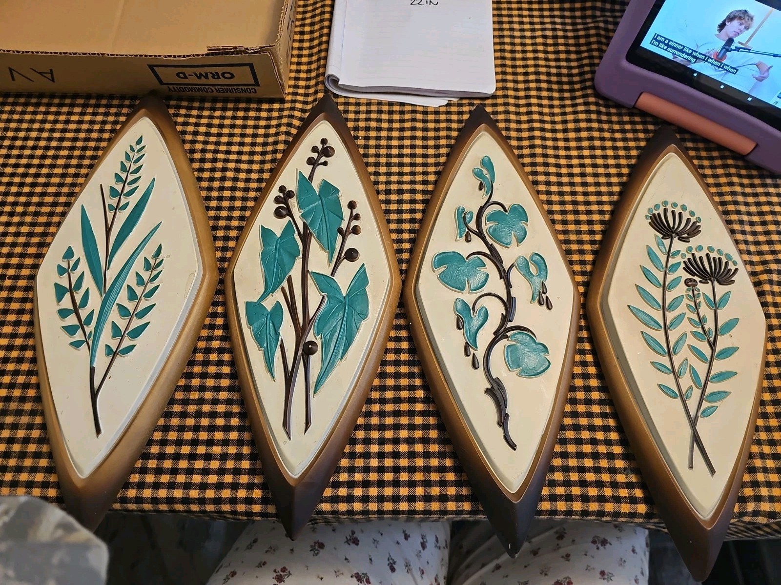 4 Vtg MCM Syroco Diamond Shaped Botanical Wall Plaques Teal, And Brown 1960S Euc