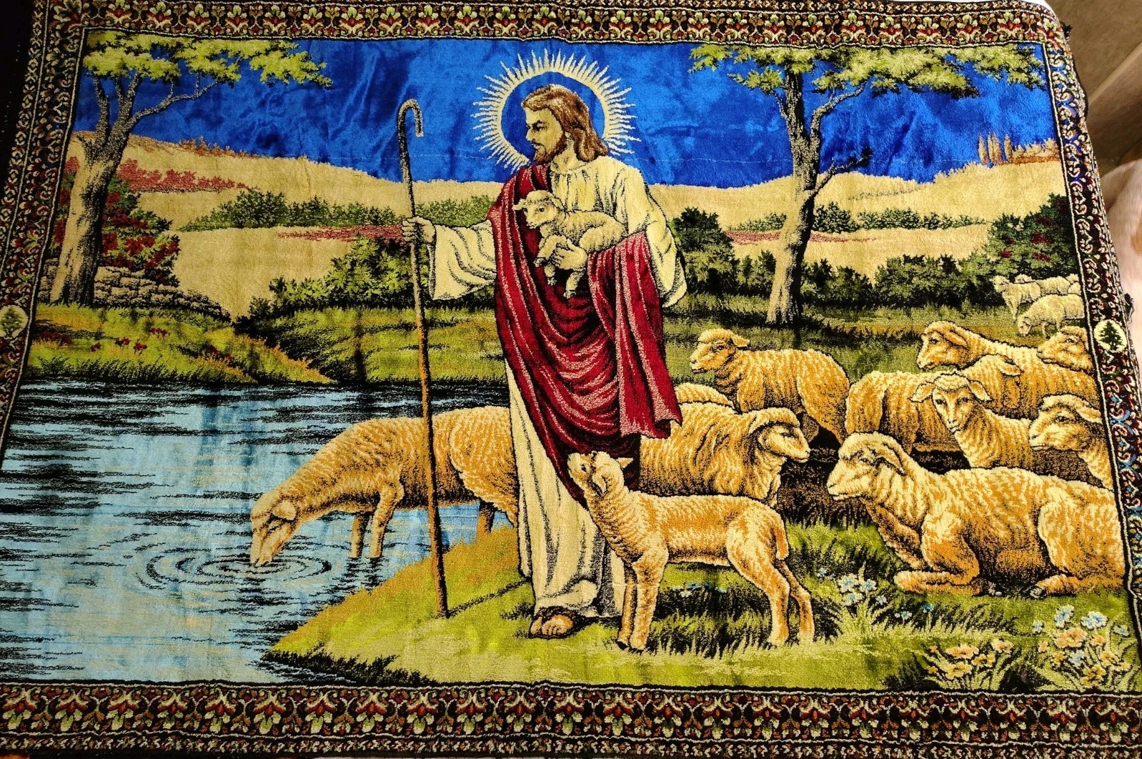 Vtg Jesus Good Shepherd Lamb Crushed Velvet Tapestry Wall Hanging 6ft X 4ft Vtg Jesus Good Shepherd Lamb Crushed Velvet Tapestry Wall Hanging 6ft X 4ft