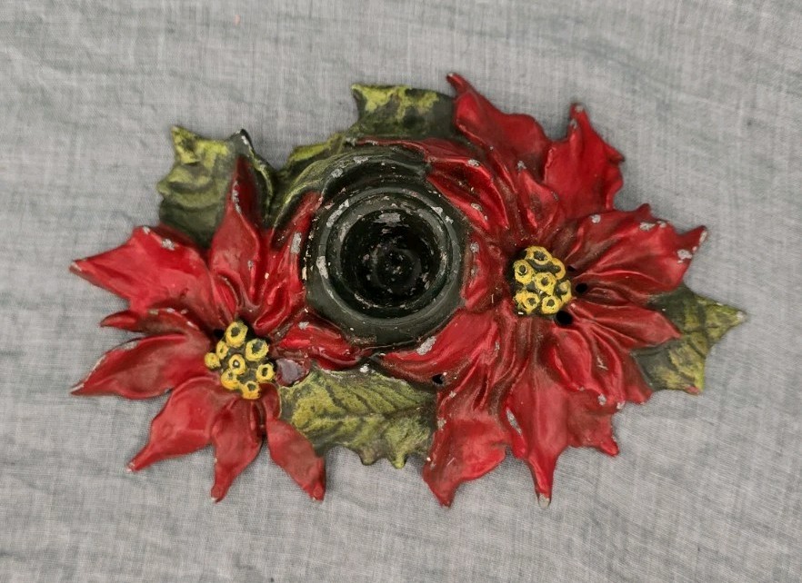 Cast Iron c1922 Poinsettia Christmas Iron Candle Holder Red Green Single Cup 6" Cast Iron c1922 Poinsettia Christmas Iron Candle Holder Red Green Single Cup 6"