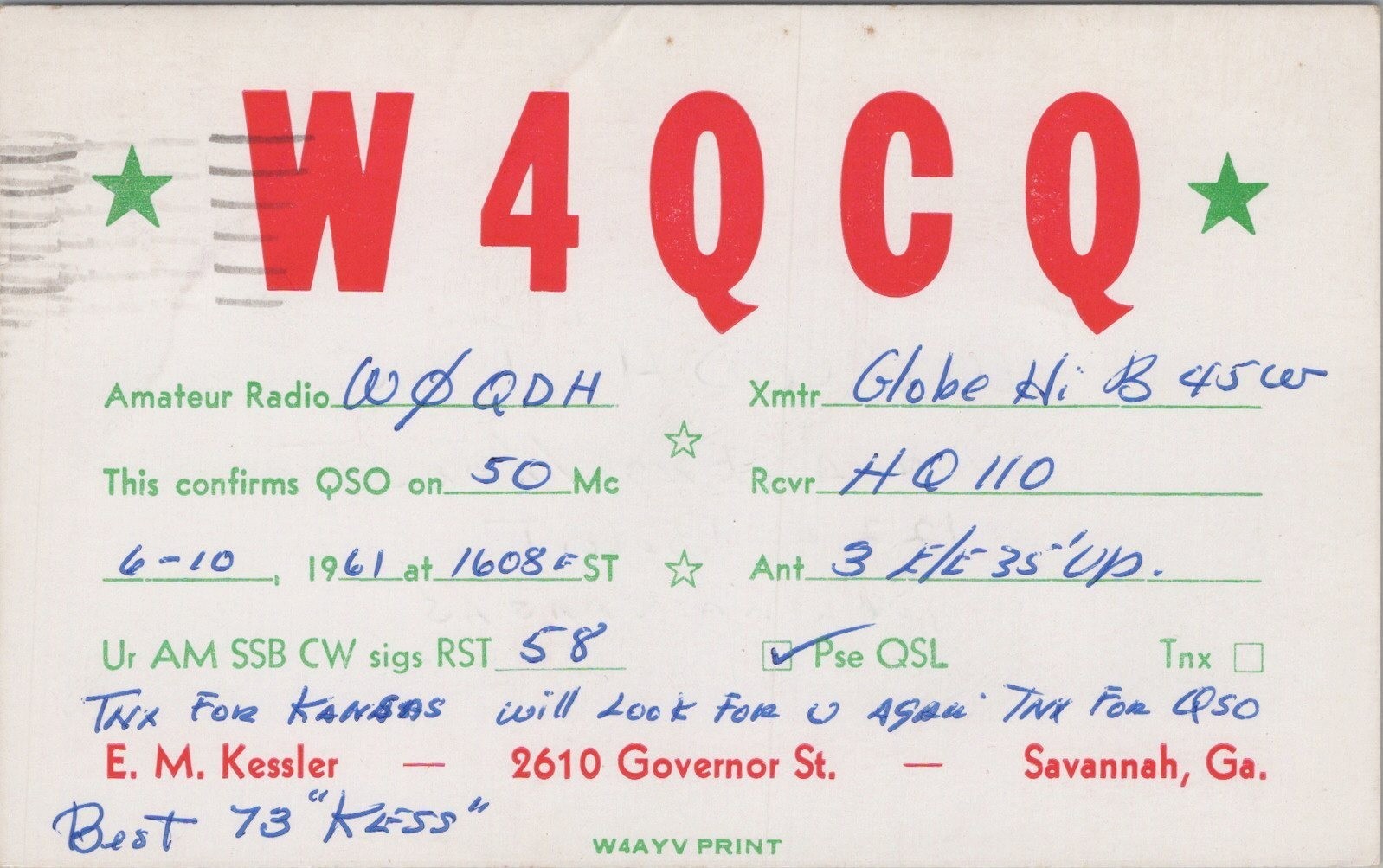 vintage amateur ham radio QSL postcard W4QCQ E.M. Kessler 1961 Savannah Georgia vintage amateur ham radio QSL postcard W4QCQ E.M. Kessler 1961 Savannah Georgia