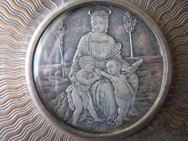 Antique  Madonna of The Goldfinch Miniature Sterling Silver 800 FrameGild 19th