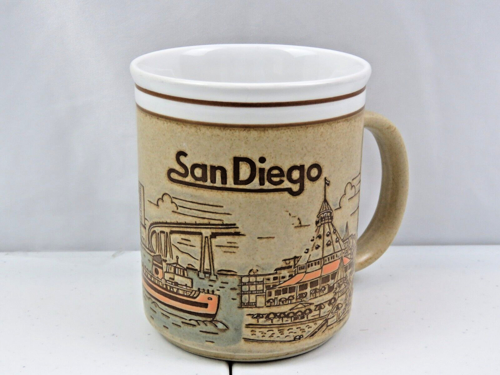 Vintage SAN DIEGO Skyline Coffee Tea Mug Embossed Stoneware City Water Landscape