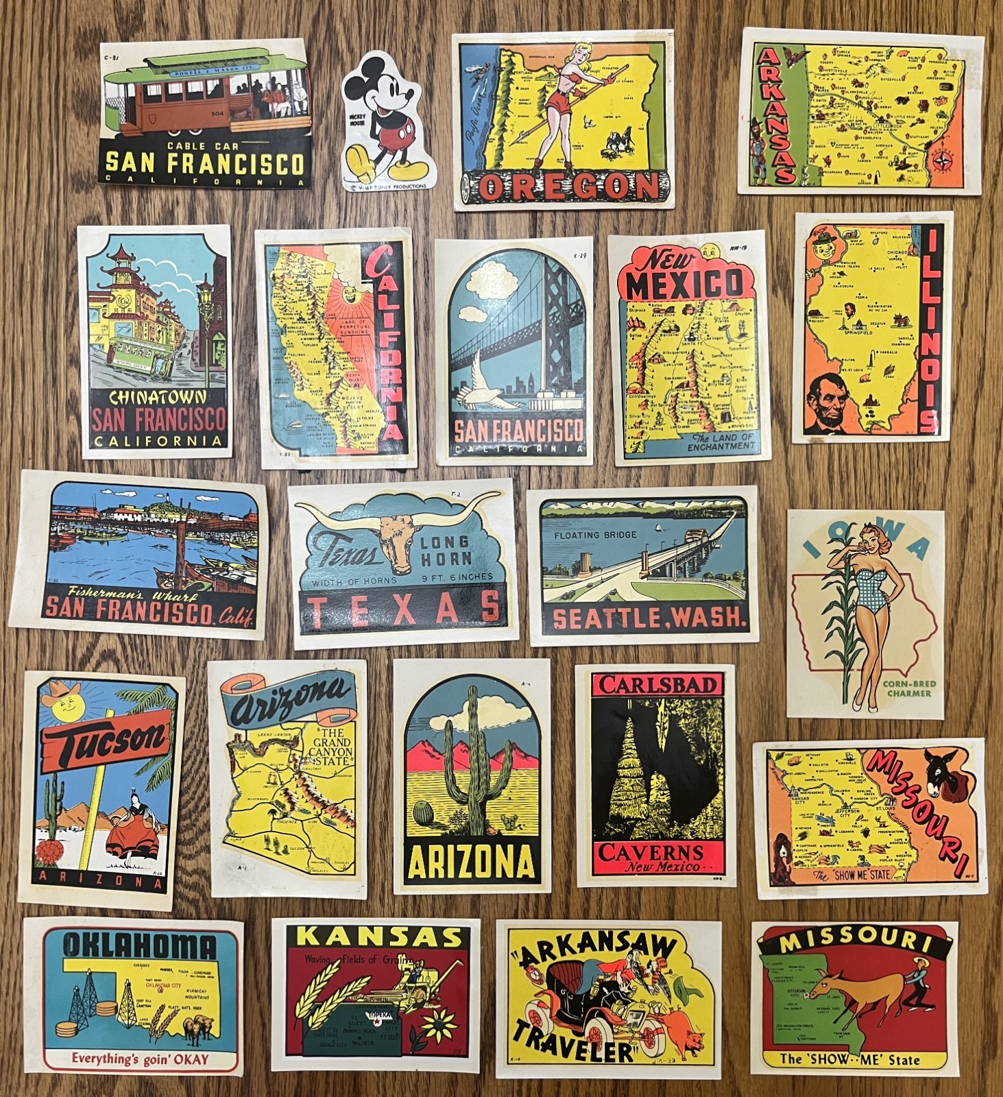 1960's Vintage Lot Of 22 USA Tourist Travel Decals and Mickey Mouse sticker 1960's Vintage Lot Of 22 USA Tourist Travel Decals and Mickey Mouse sticker