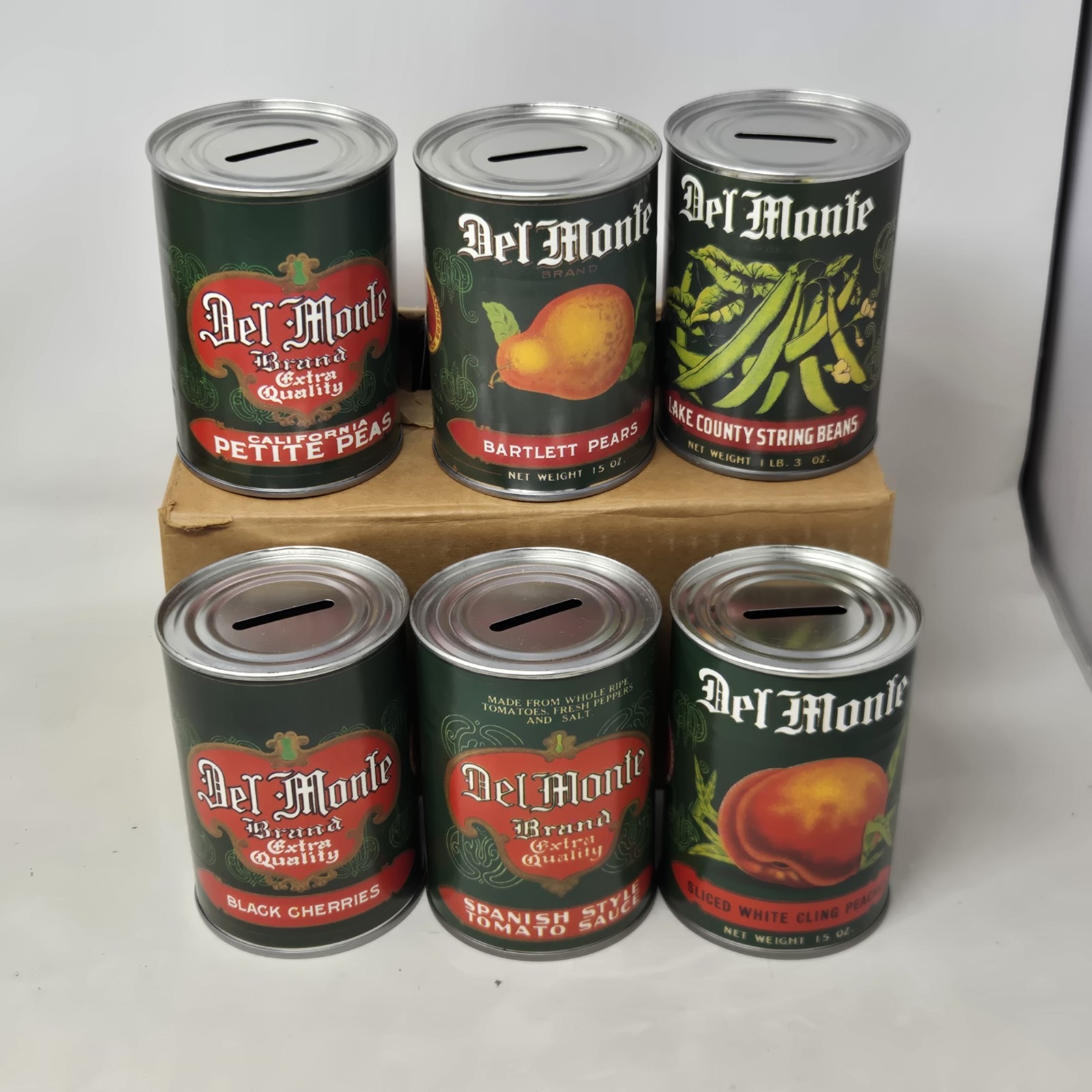 NOS Vintage Del Monte Coin Bank Cans Set Of 6 Grocery Advertising 1960s NOS Vintage Del Monte Coin Bank Cans Set Of 6 Grocery Advertising 1960s