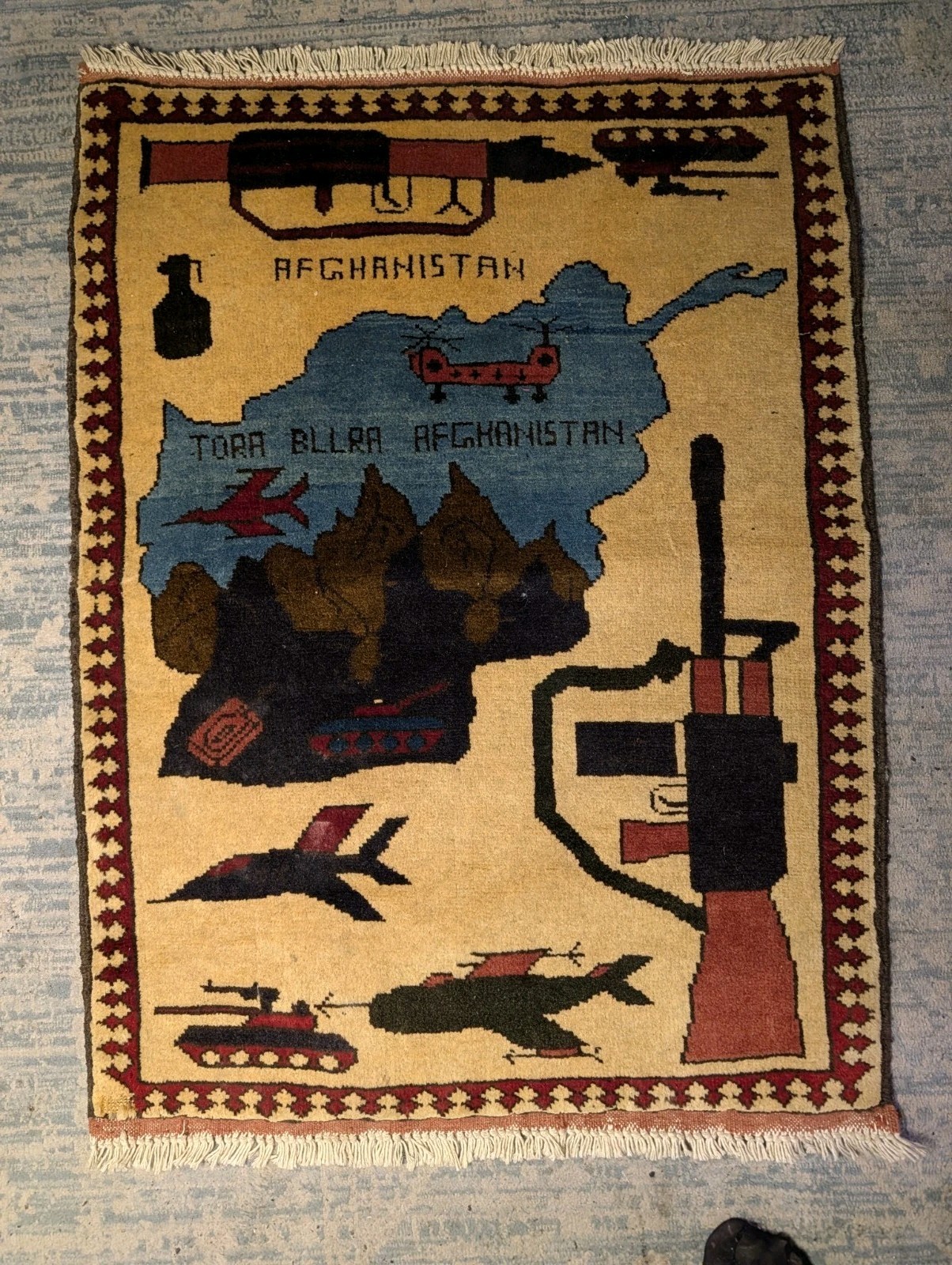 Afghan War Rug Tora Bora Map F-16 Tanks M16 Handwoven Folk Art Carpet 25.5x34 Afghan War Rug Tora Bora Map F-16 Tanks M16 Handwoven Folk Art Carpet 25.5x34
