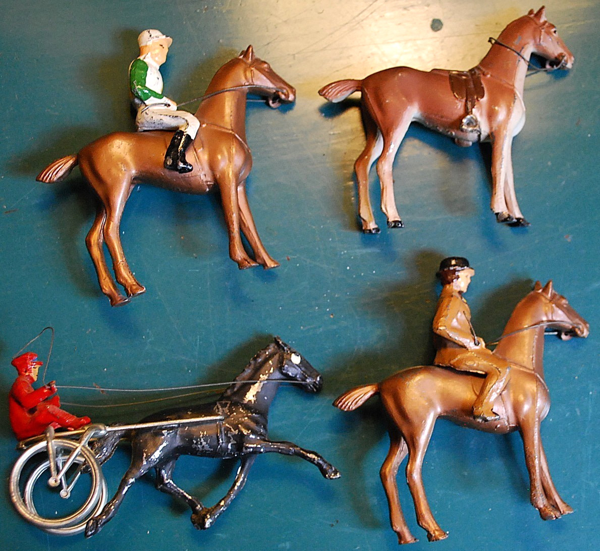 Set 4 Vtg 1940s ALL NU Cast Lead Horse Figurines LADY HUNTER/JOCKEY/SULKY RACER Set 4 Vtg 1940s ALL NU Cast Lead Horse Figurines LADY HUNTER/JOCKEY/SULKY RACER