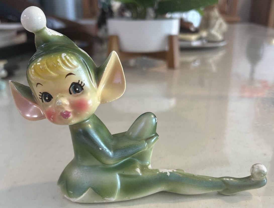 Rare Vintage Ceramic Pixie Elf Figurine Knee Up 1950s Mid-Century Green Japan Rare Vintage Ceramic Pixie Elf Figurine Knee Up 1950s Mid-Century Green Japan