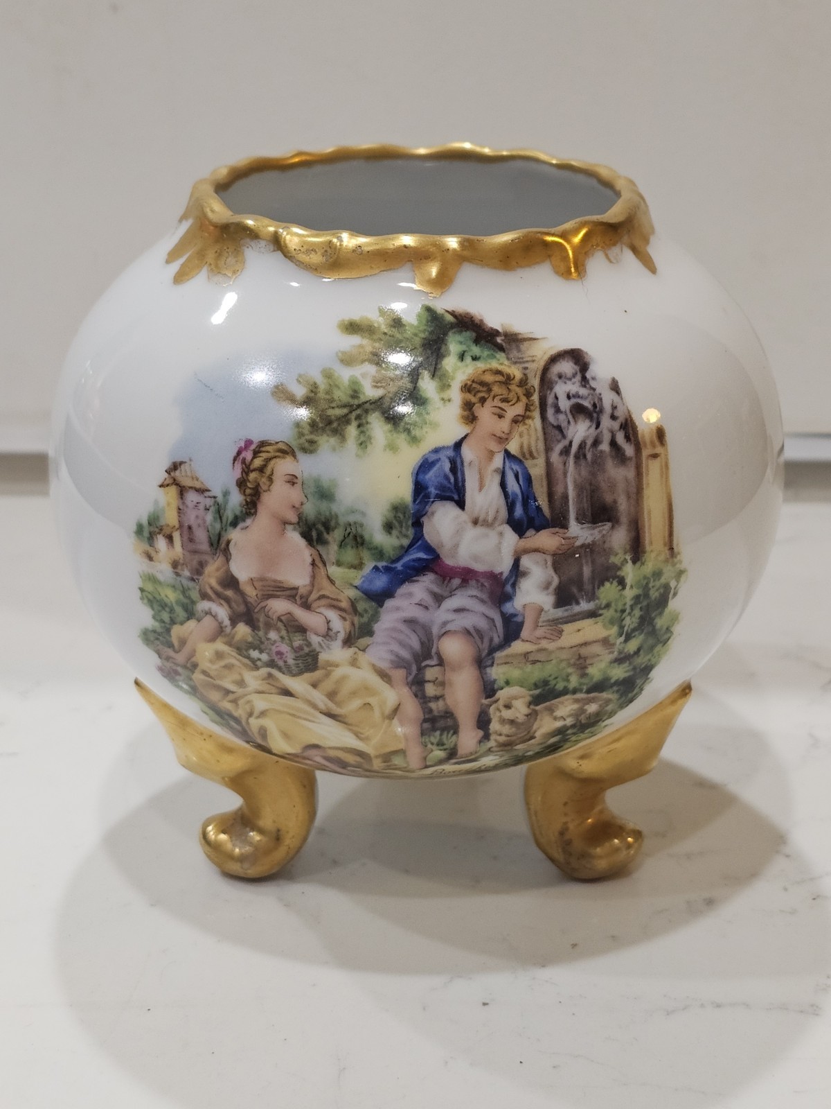 Vintage Limoges Porcelain Vase Courting Couple Hand Painted 3 Footed Gold Gilded Vintage Limoges Porcelain Vase Courting Couple Hand Painted 3 Footed Gold Gilded
