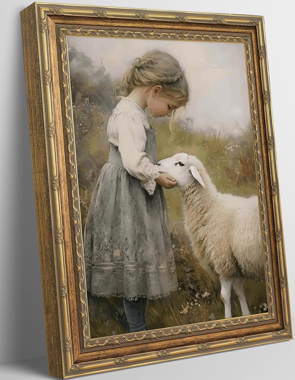 Rienkhu Gold Framed Vintage Aesthetic Girl With Sheep Wall Art Poster 16x24in