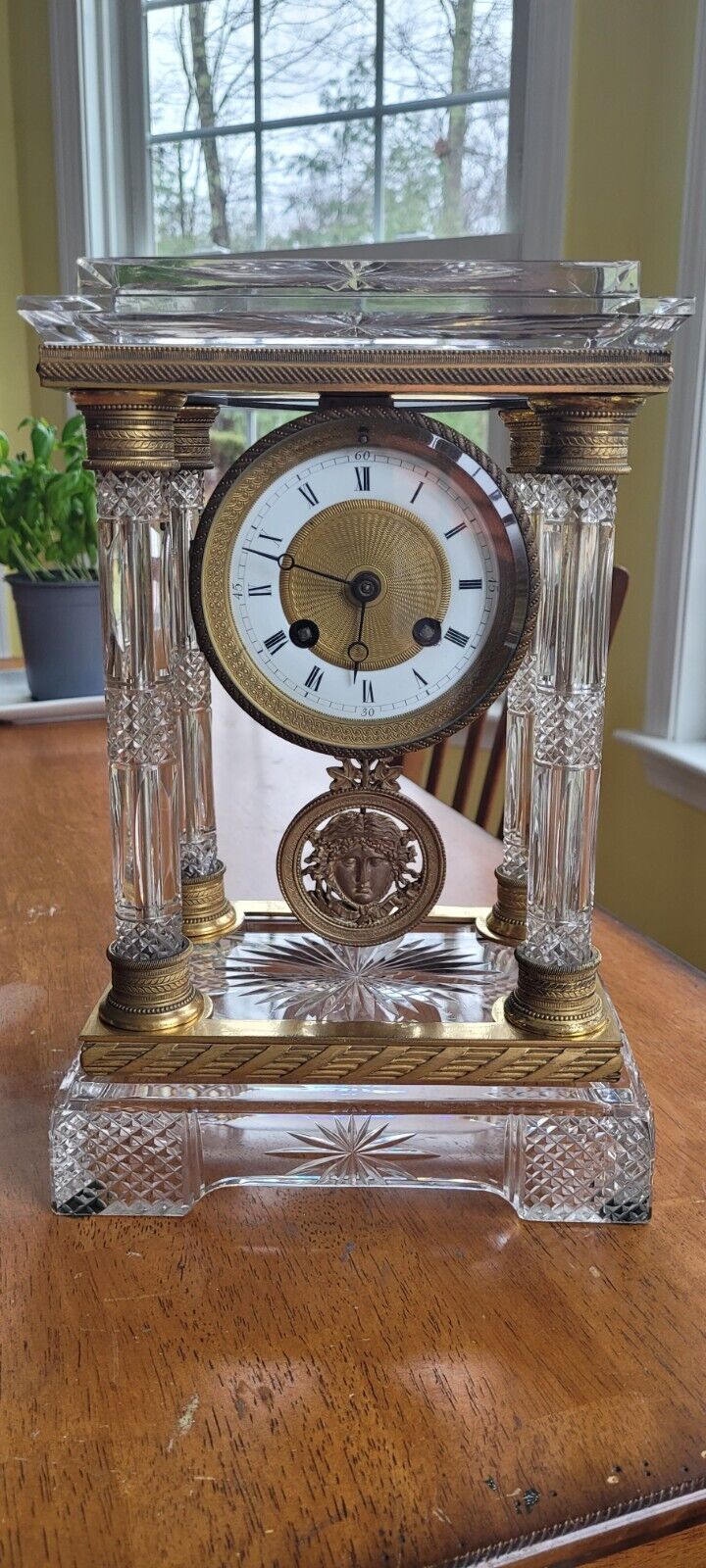 French Gilt Bronze Crystal Portico Column Clock
