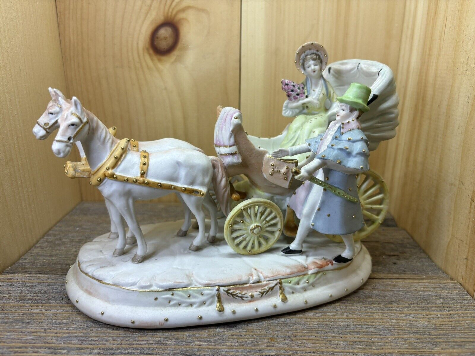 Vintage Occupied Japan Porcelain Figurine Horse Drawn Carriage