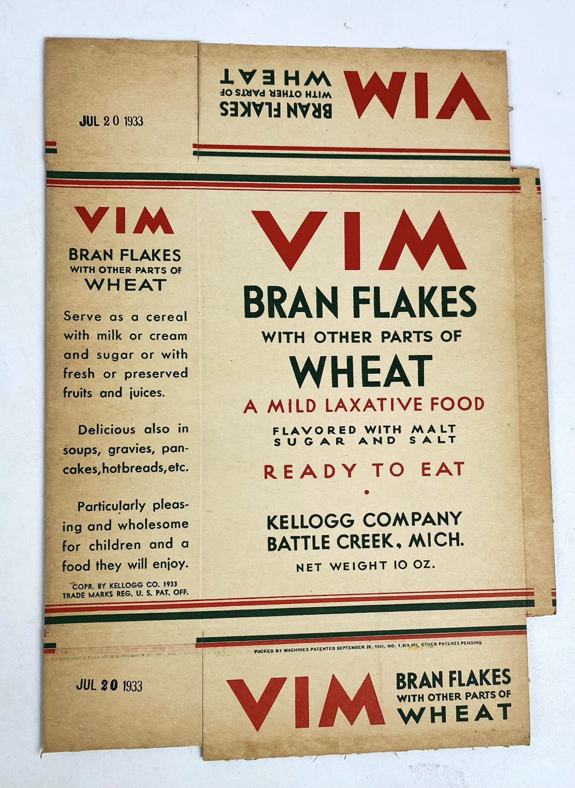 Very RARE 1933 Kellogg's VIM Bran Flakes FLAT 10 Oz. Box ~ A Mild Laxative Food Very RARE 1933 Kellogg's VIM Bran Flakes FLAT 10 Oz. Box ~ A Mild Laxative Food