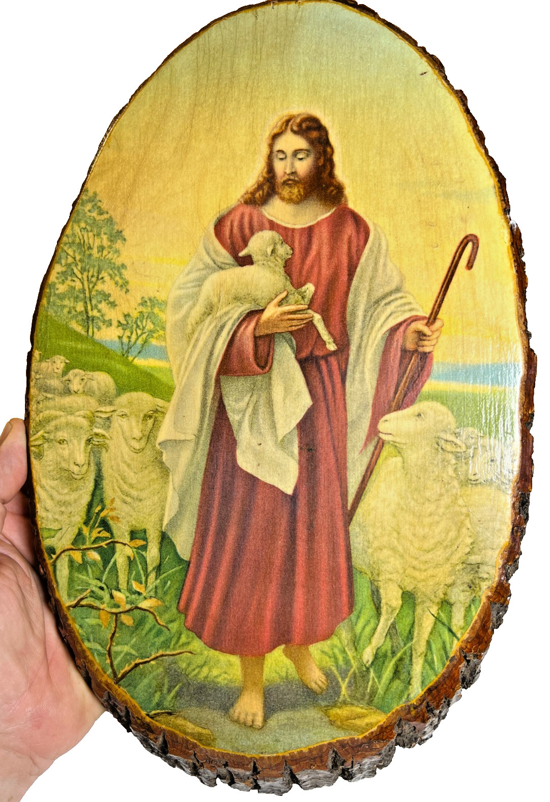 Vintage Jesus Good Shepherd Wood Slice Wall Plaque Picture 11.5” Religious Art Vintage Jesus Good Shepherd Wood Slice Wall Plaque Picture 11.5” Religious Art