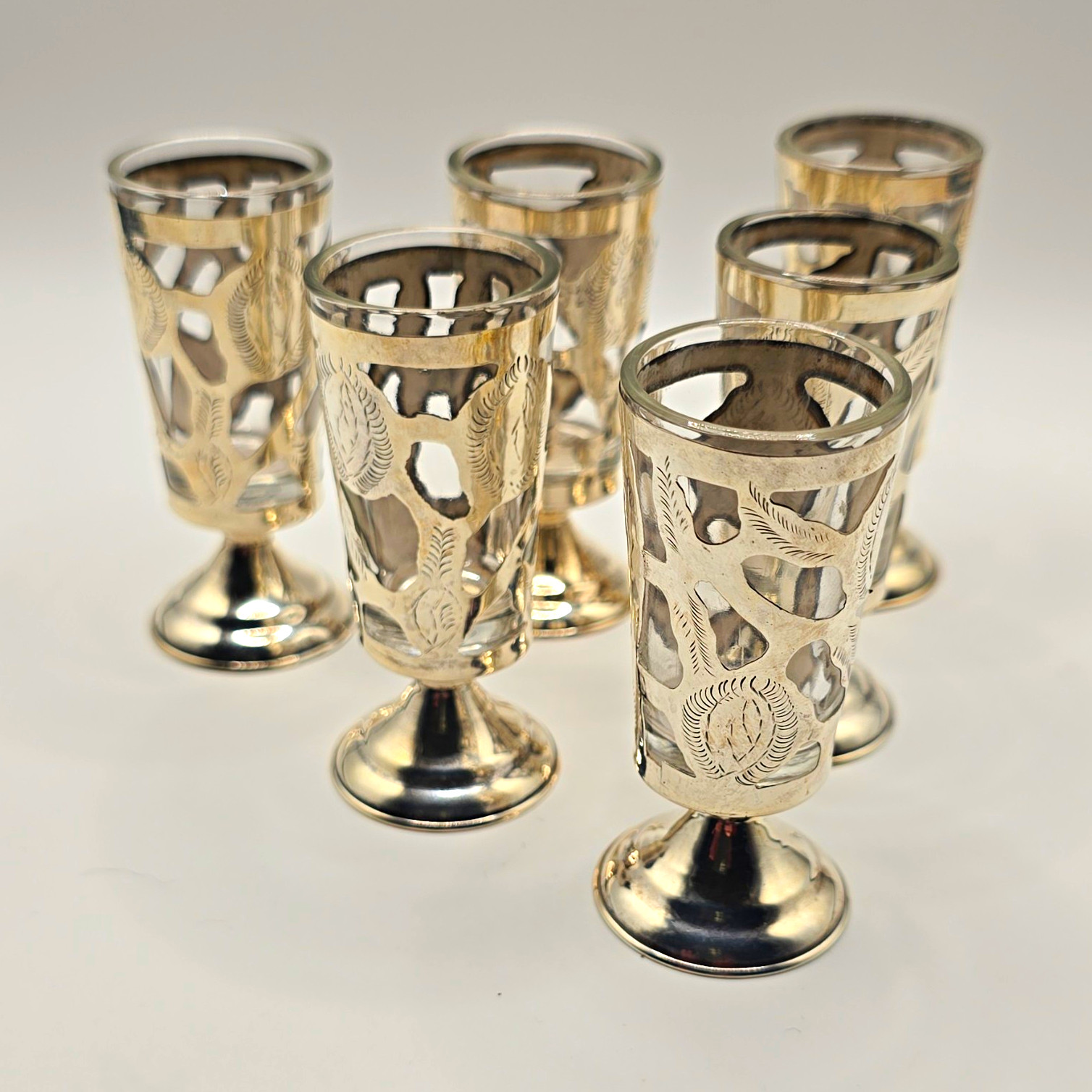 Vintage Set 6 Mexico 925 Sterling Silver Filigree Glass Shot Glasses Vintage Set 6 Mexico 925 Sterling Silver Filigree Glass Shot Glasses