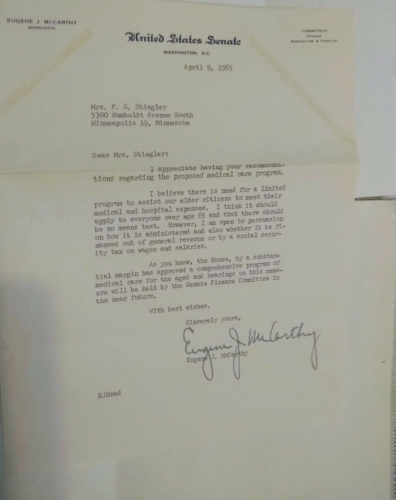 Eugene J McCarthy, Walter Mondale and Rudy Boschwitz US Senate Letters-Signed 
