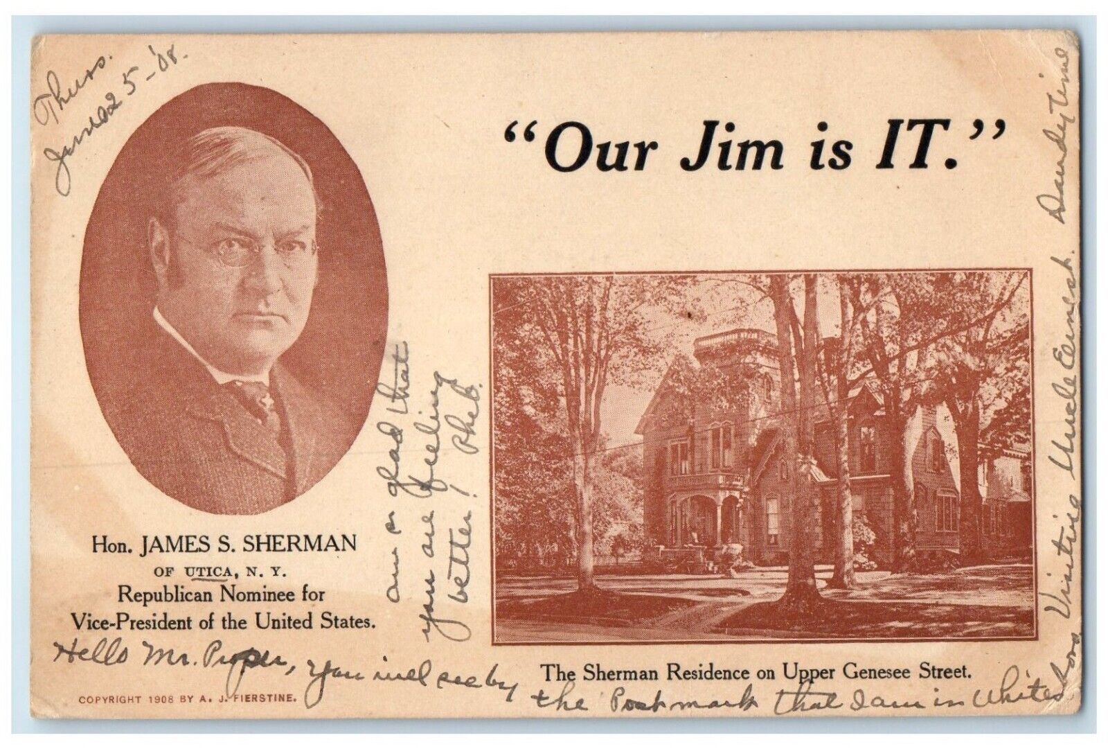 1908 Hon. James S. Sherman Political Advertising Vice President Antique Postcard