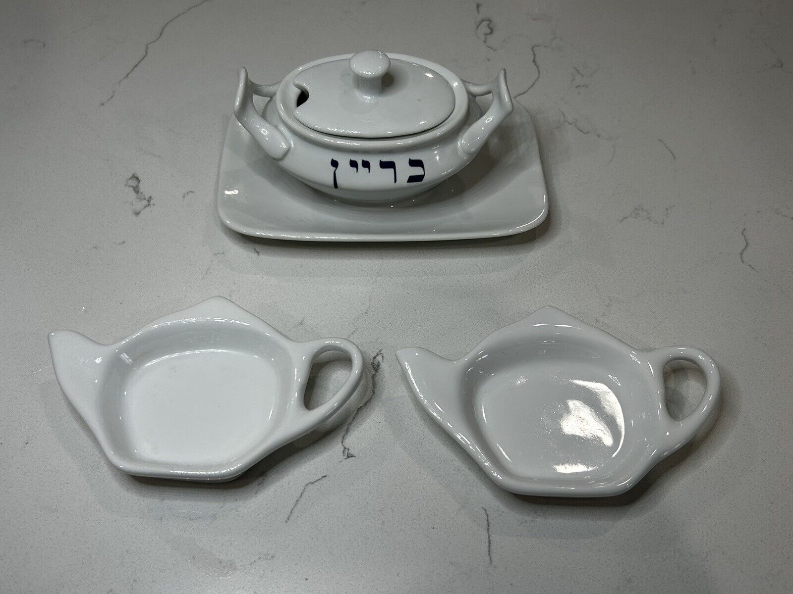 Vintage Schmidt Porcelain Cyrillic Sugar Bowl Crate Barrel 2 Teapot Teabag Plate