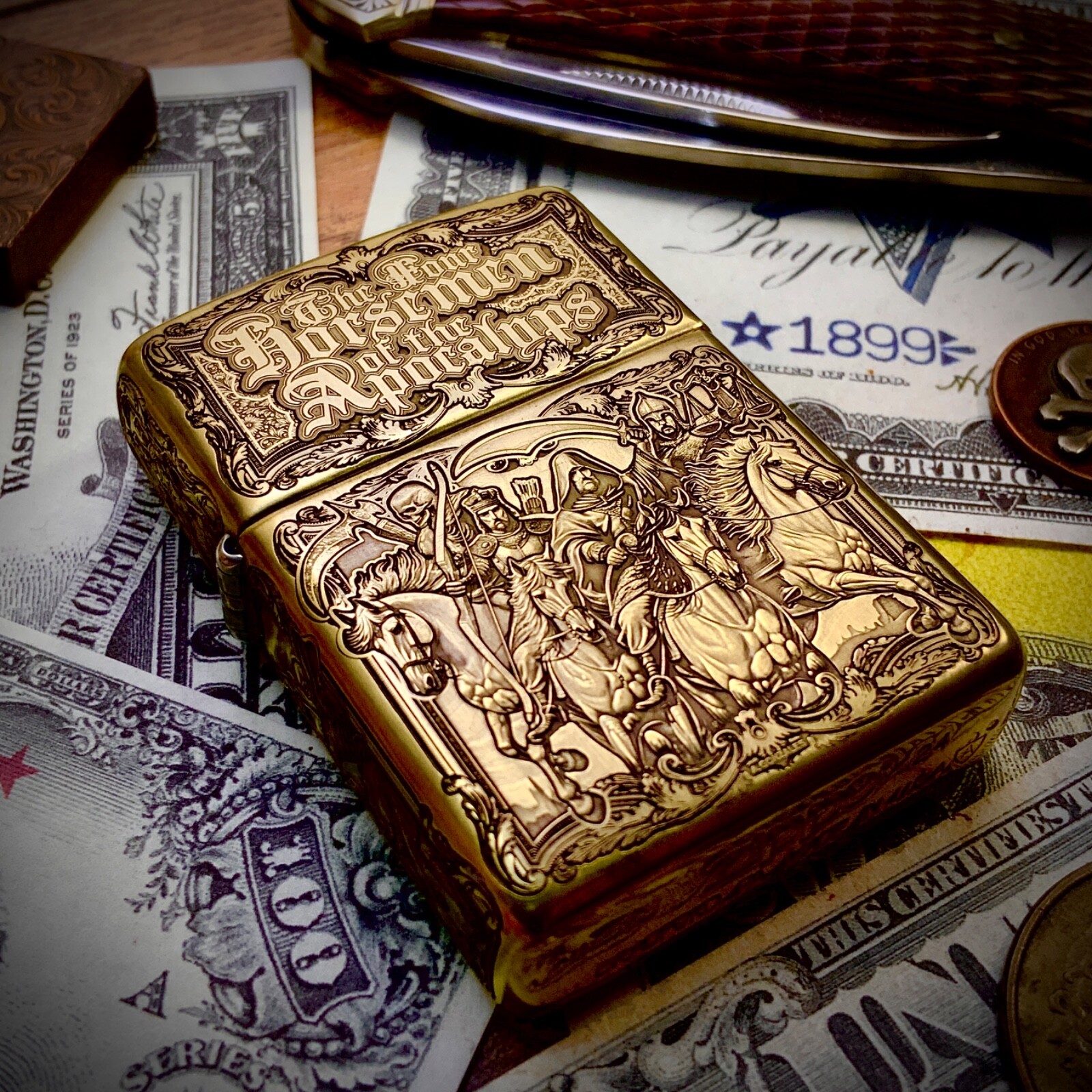 Zippo “Four Horsemen of the Apocalypse” Engraved 5-Sided Brass Armor Lighter Zippo “Four Horsemen of the Apocalypse” Engraved 5-Sided Brass Armor Lighter