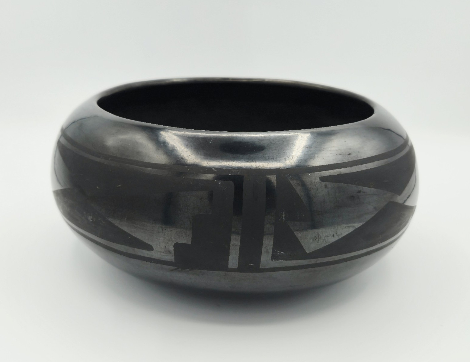 Maria Martinez & Julian San Ildefonso Pueblo Black on Black Pottery Bowl 9" Diam