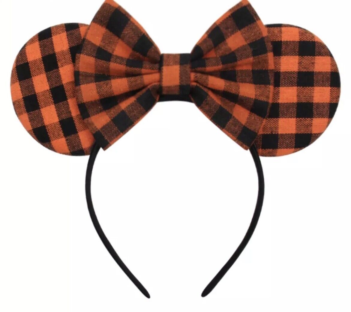 Minnie Mickey Mouse Ears headband Disney Halloween Orange Plaid Fall  HANDMADE