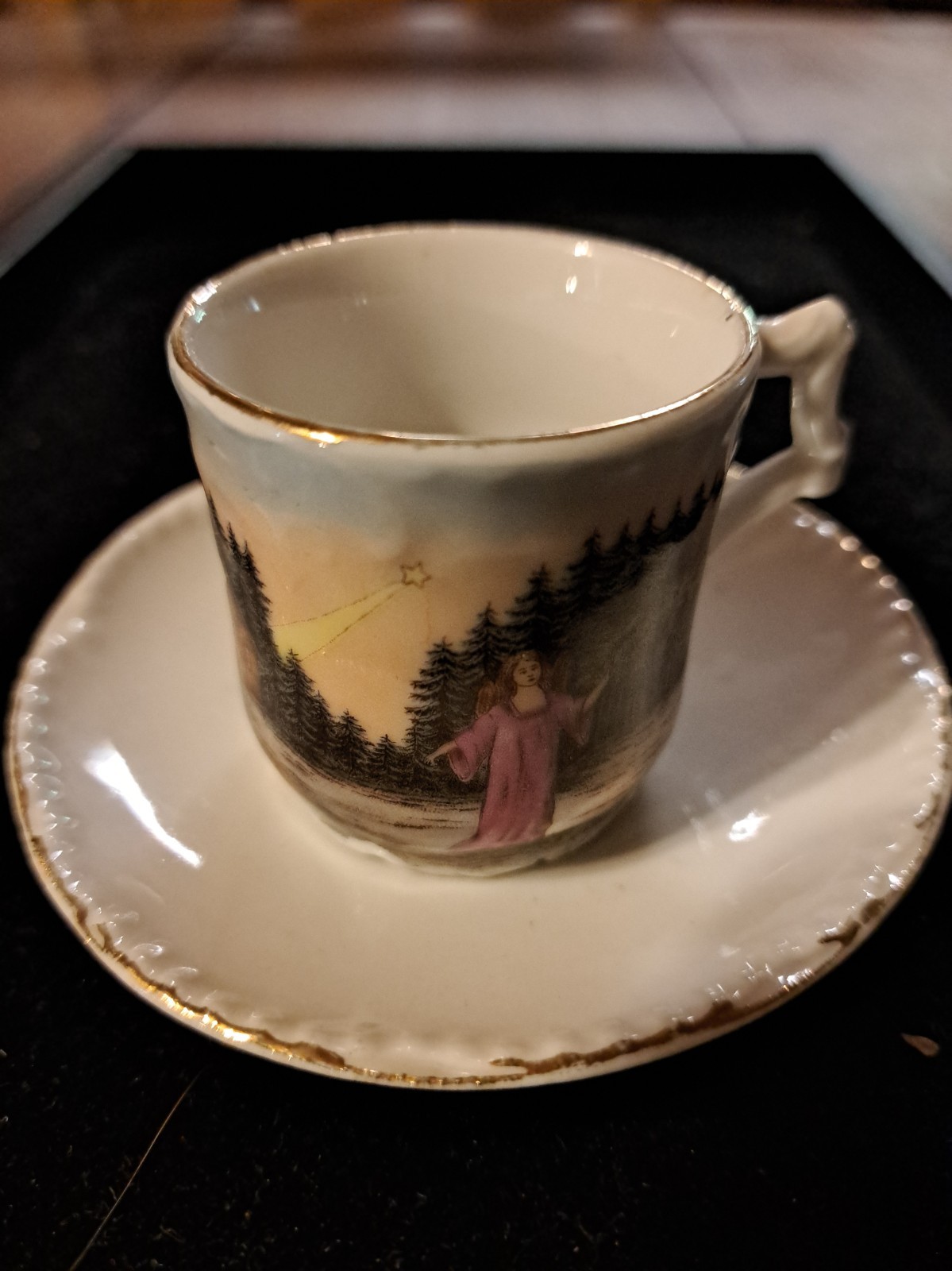 Antique Porcelain Child's Christmas Tea Cup And Saucer Unmarked German Style Antique Porcelain Child's Christmas Tea Cup And Saucer Unmarked German Style