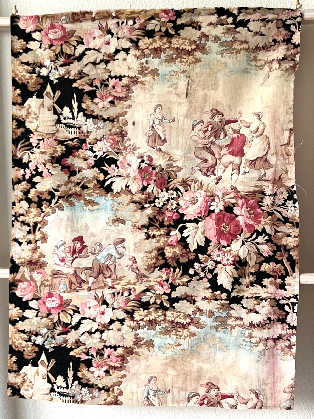 Antique 19th C French Fabric Pink Roses Romantic Flowers Dancing Farmhouse Antique 19th C French Fabric Pink Roses Romantic Flowers Dancing Farmhouse