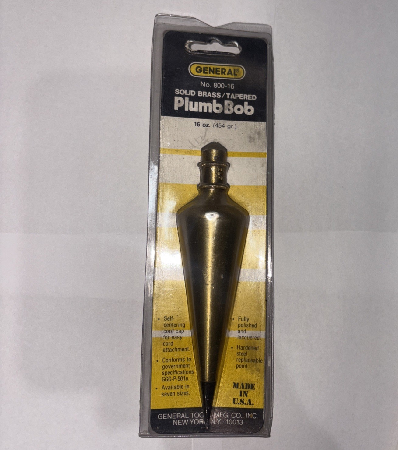 Vintage tool old general hardware #800 16 oz brass plumb bob steel tip nice 
