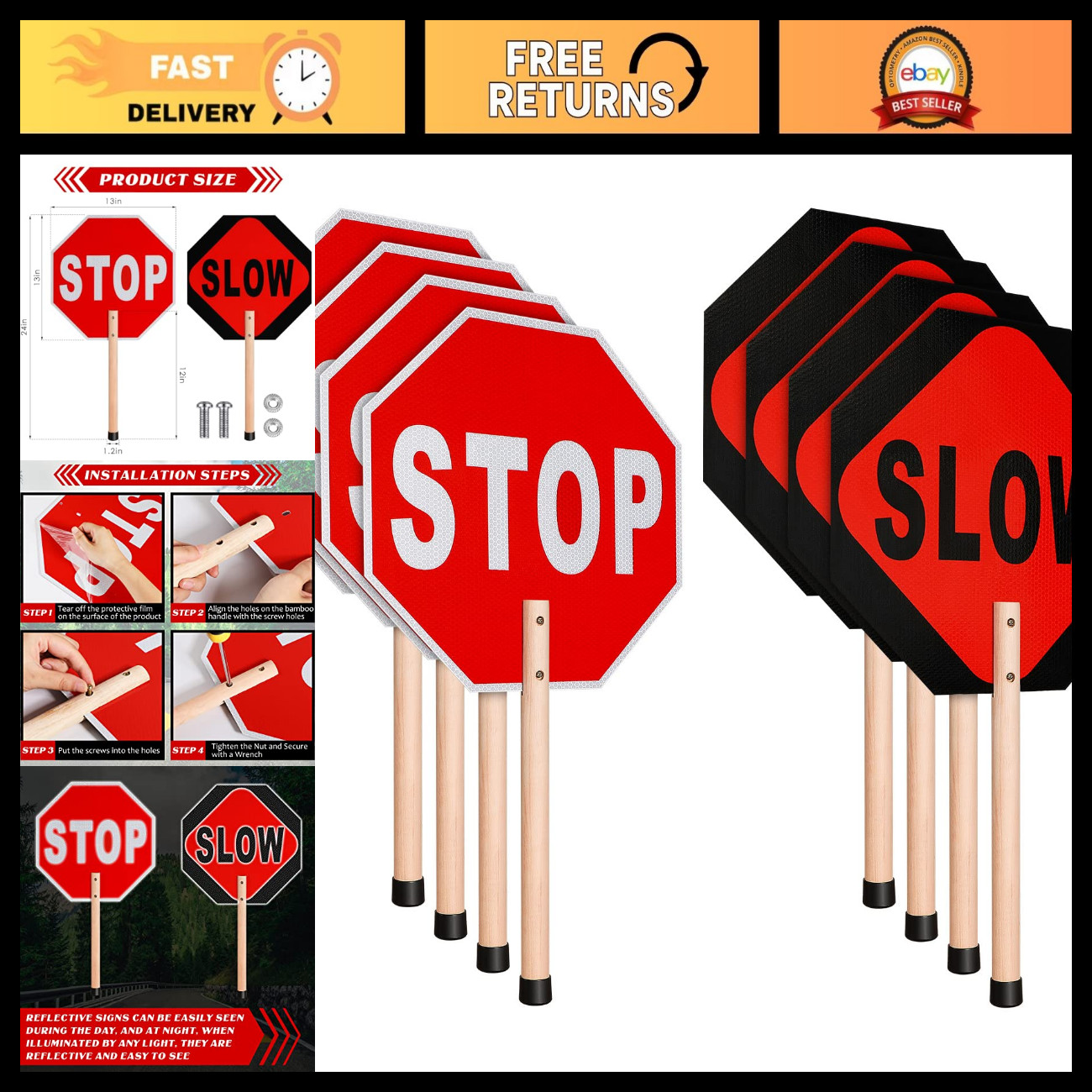 4 Pcs Stop Slow Sign Traffic Warning Reflective 13x13