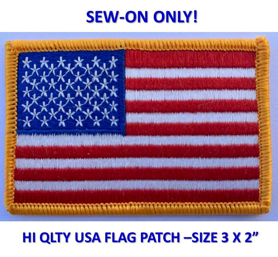 SEW-ON ONLY - USA AMERICAN FLAG EMBROIDERED PATCH GOLD BORDER (3 x 2”) - HI QLTY SEW-ON ONLY - USA AMERICAN FLAG EMBROIDERED PATCH GOLD BORDER (3 x 2”) - HI QLTY