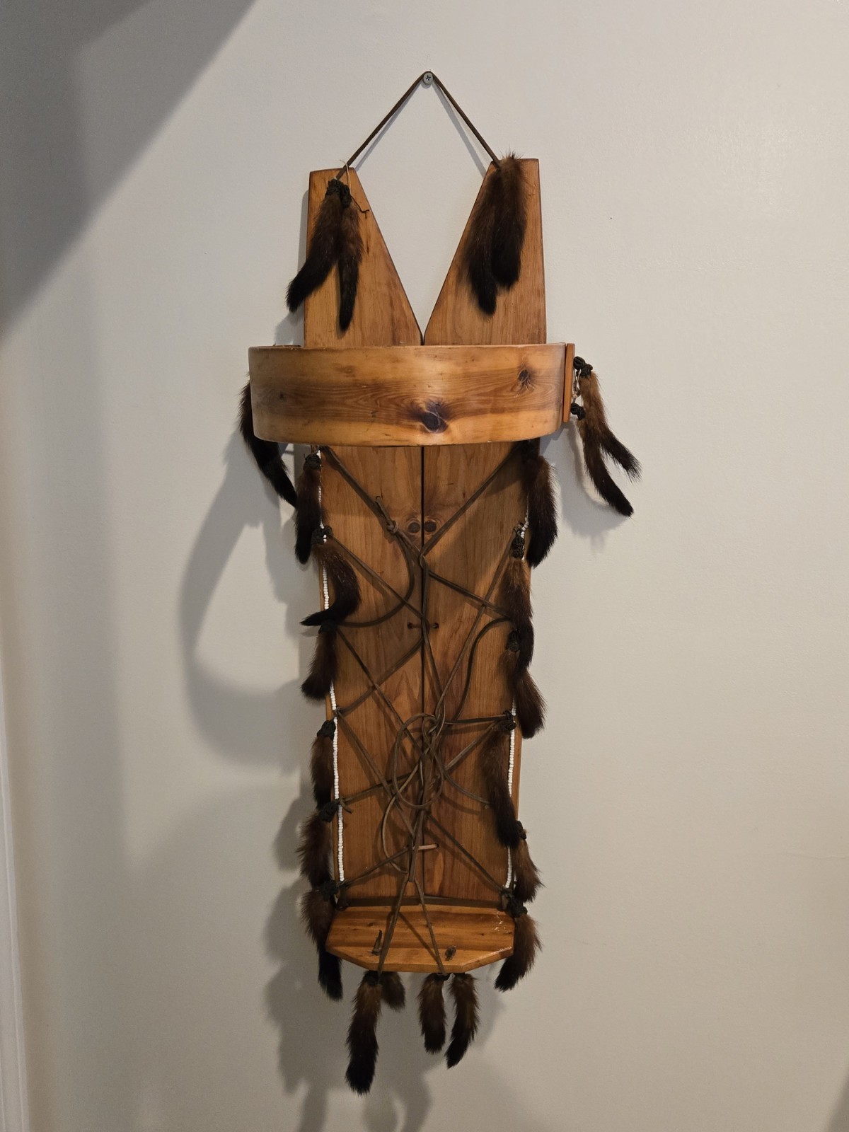 Vintage Native American Navajo-style Cedar Cradle Board Mink Tails Glass Beads Vintage Native American Navajo-style Cedar Cradle Board Mink Tails Glass Beads