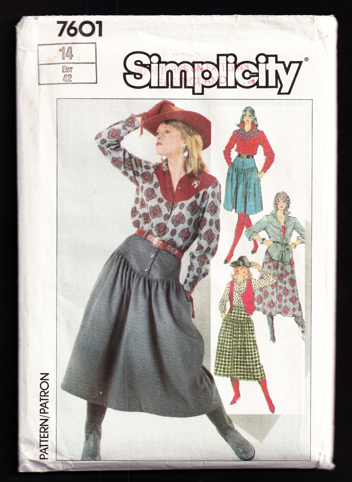 Simplicity 7601 Westerm Sklrt Vest Shirt Sz 14 Vintage Sewing Pattern 1986 UNCUT