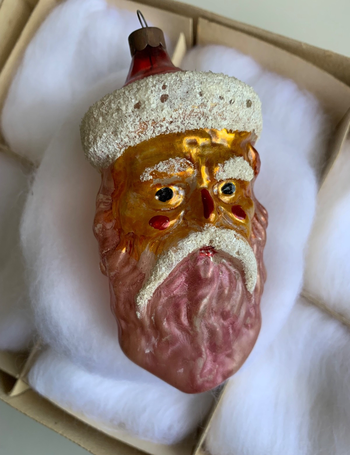 VTG ATQ Blown Glass 4.5" Santa Head Xmas Ornament Pink Hair & Beard Gold Face VTG ATQ Blown Glass 4.5" Santa Head Xmas Ornament Pink Hair & Beard Gold Face