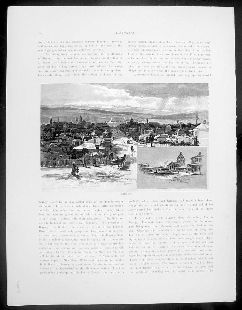 1886 Picturesque Atlas Large Antique Print Early View of Bathurst, NSW Australia