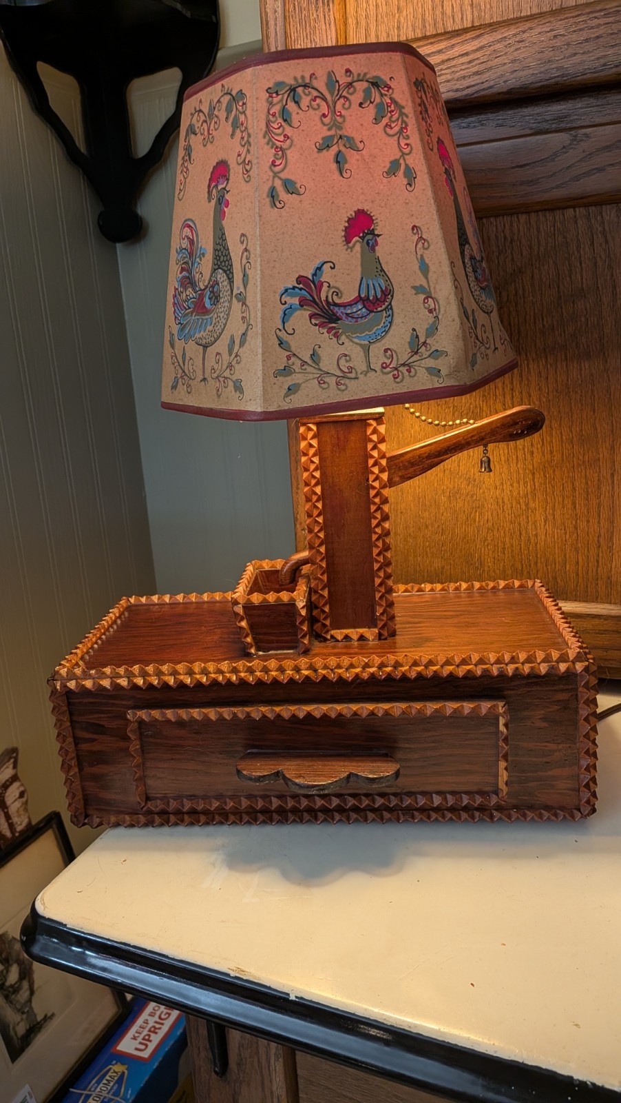 Vintage Tramp Art Lamp Folk Art Cottage Core Folk Art Rooster Shade Rare Rare