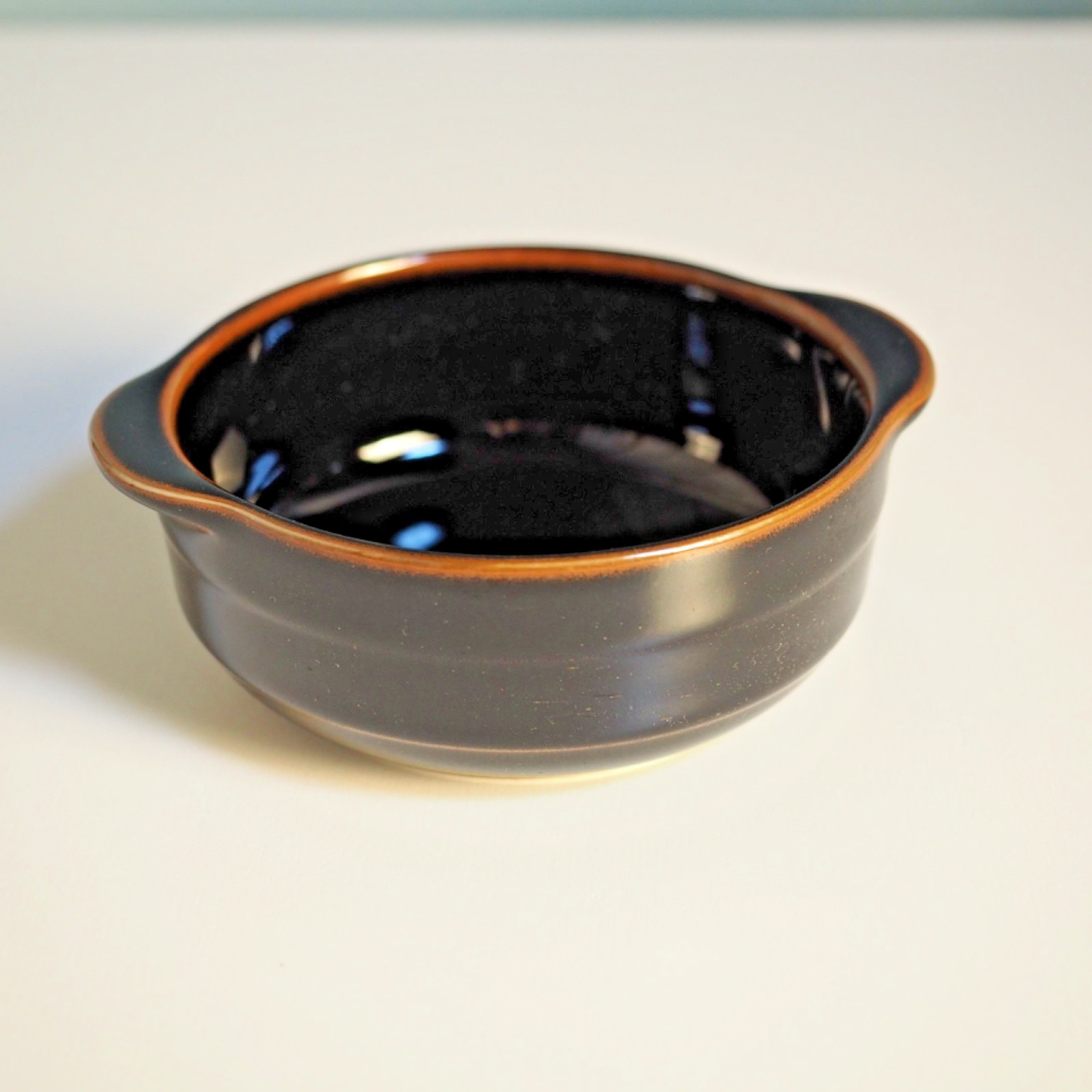Vintage Tachikichi Japanese Ceramic Handled Black Bowl 2 Dark Brown Bands Rim Vintage Tachikichi Japanese Ceramic Handled Black Bowl 2 Dark Brown Bands Rim