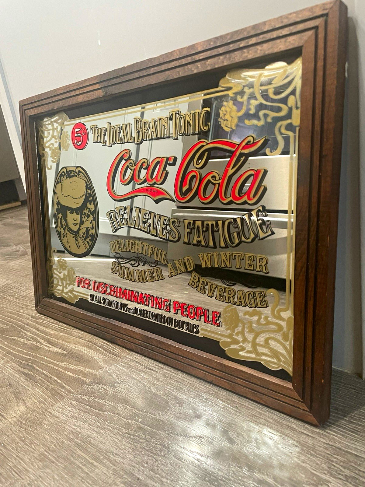 Coca-Cola Framed Advertising Mirror Relieves Fatigue -Super RARE vintage