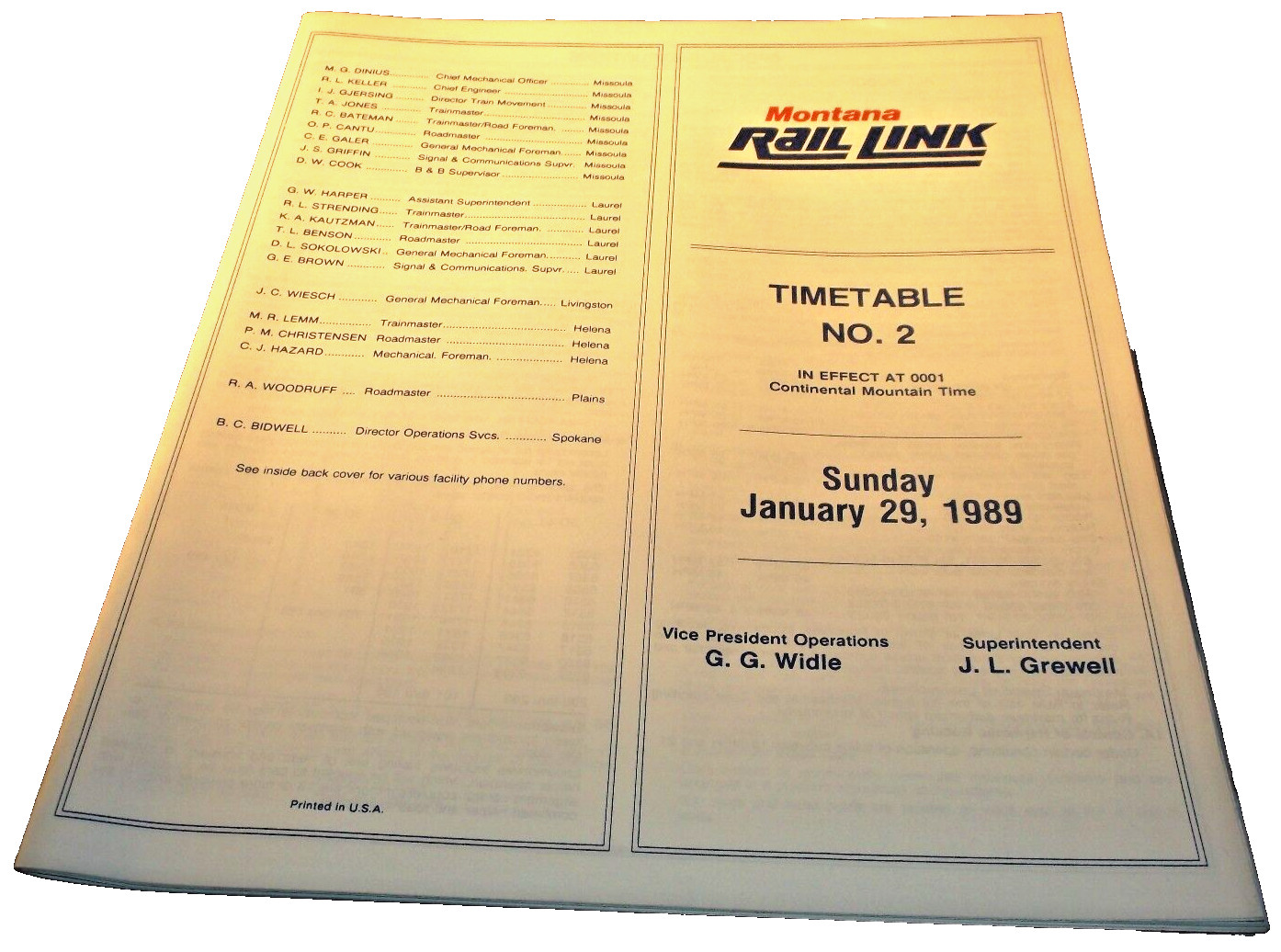 JANUARY 1989 MONTANA RAIL LINK SYSTEM EMPLOYEE TIMETABLE #2 JANUARY 1989 MONTANA RAIL LINK SYSTEM EMPLOYEE TIMETABLE #2