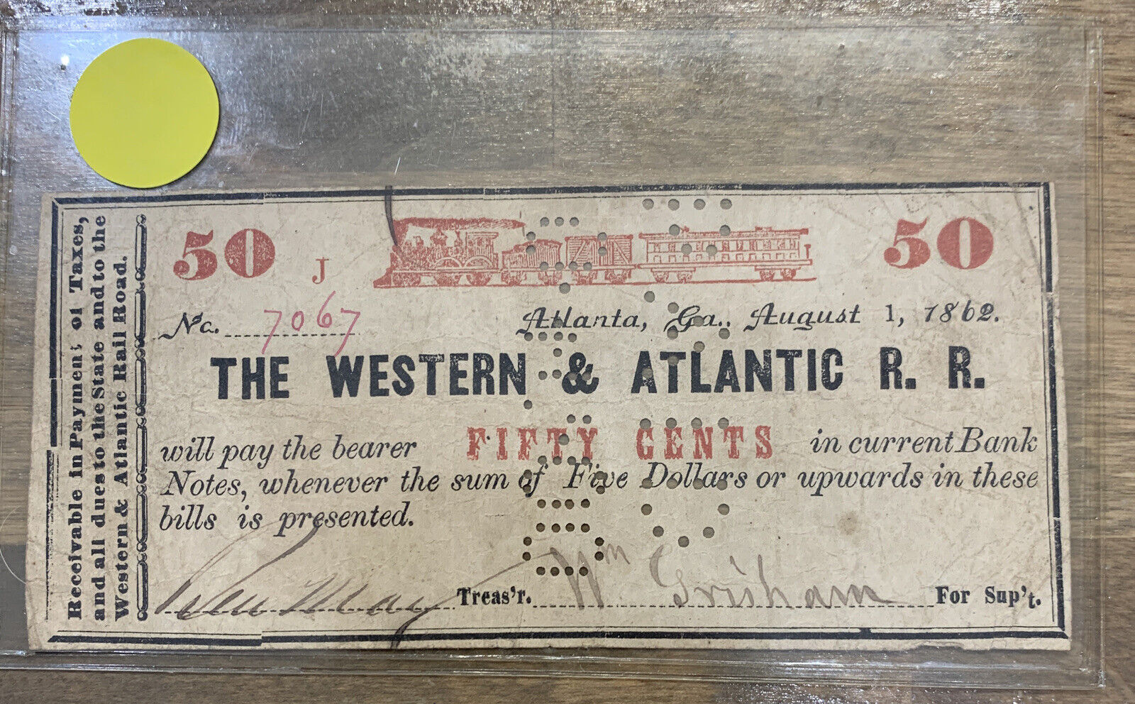 Civil War 1862 Railroad Punch NoteTicket The Western And Atlantic R.R. ￼50 Cents