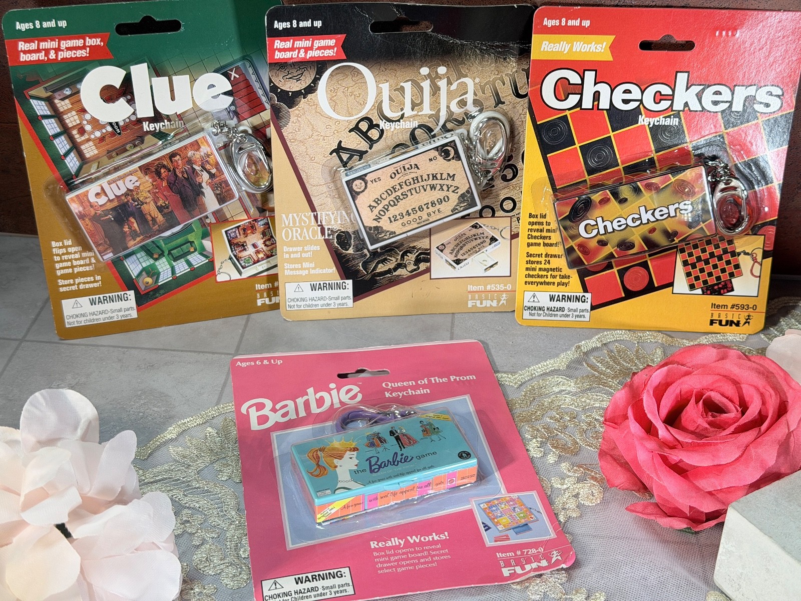 Vintage Basic Fun Mini Game Keychains Lot Barbie Clue Ouija Checkers Sealed Vintage Basic Fun Mini Game Keychains Lot Barbie Clue Ouija Checkers Sealed