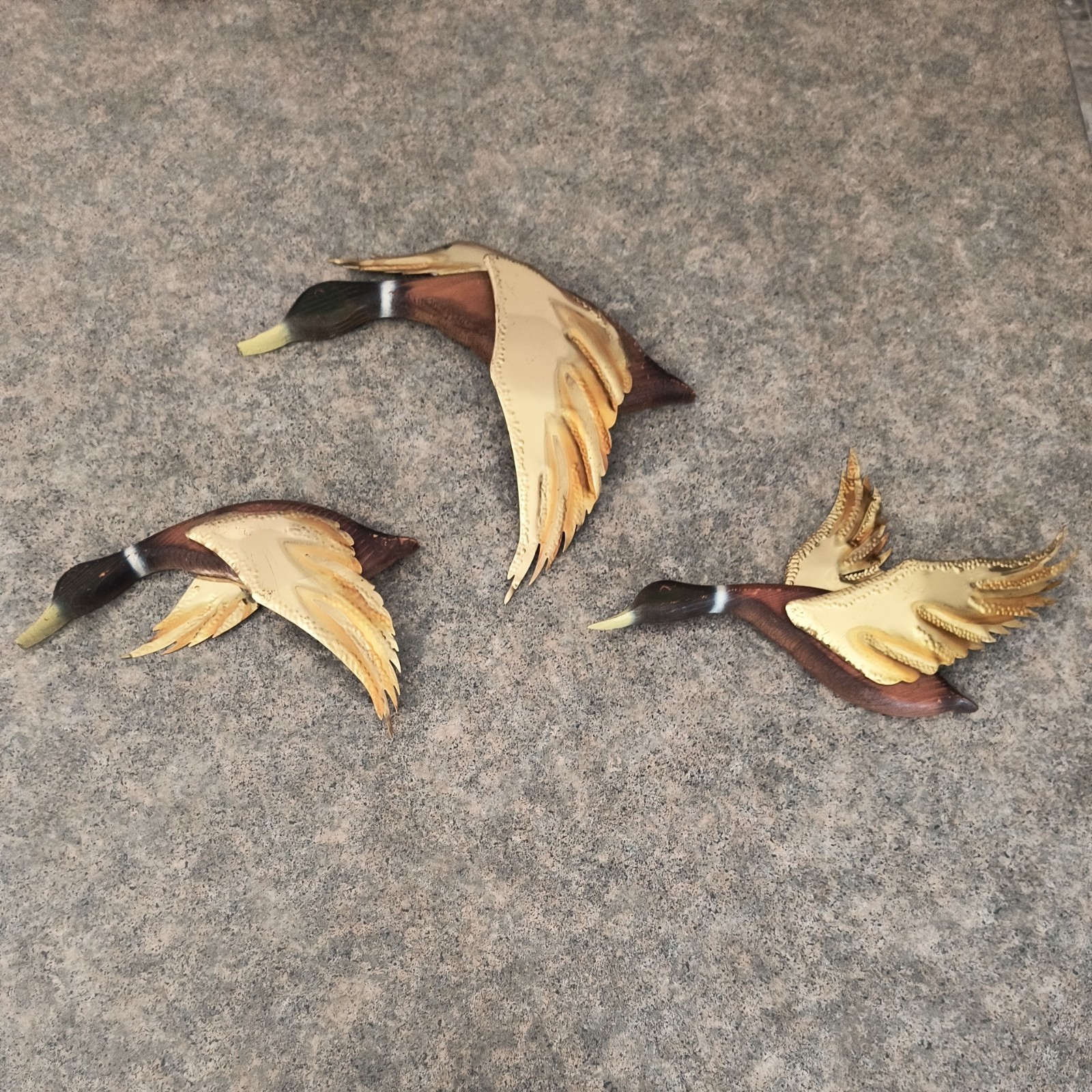 Vintage MCM Flying Geese / Ducks Wood w/Brass 3 PC Set 