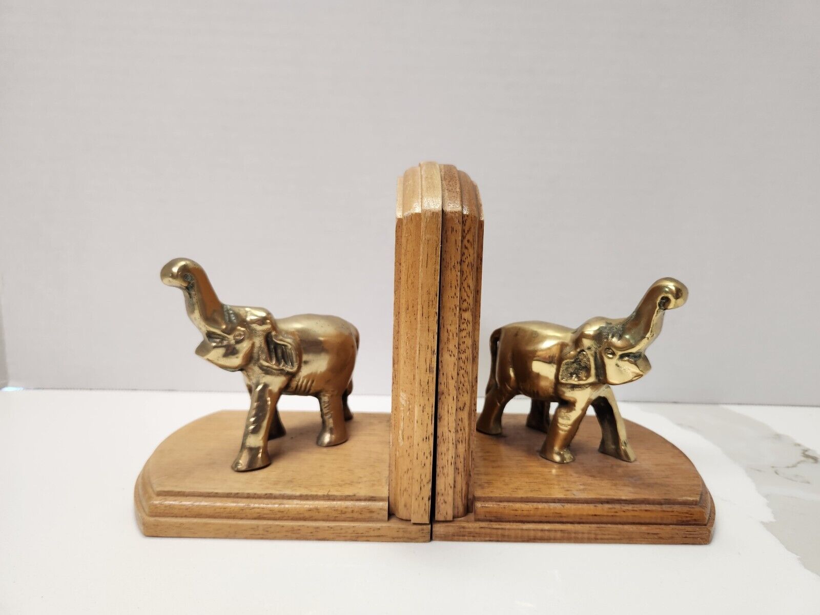 MCM Brass Elephant Bookends Figurines Wood Trunk Vintage Decor