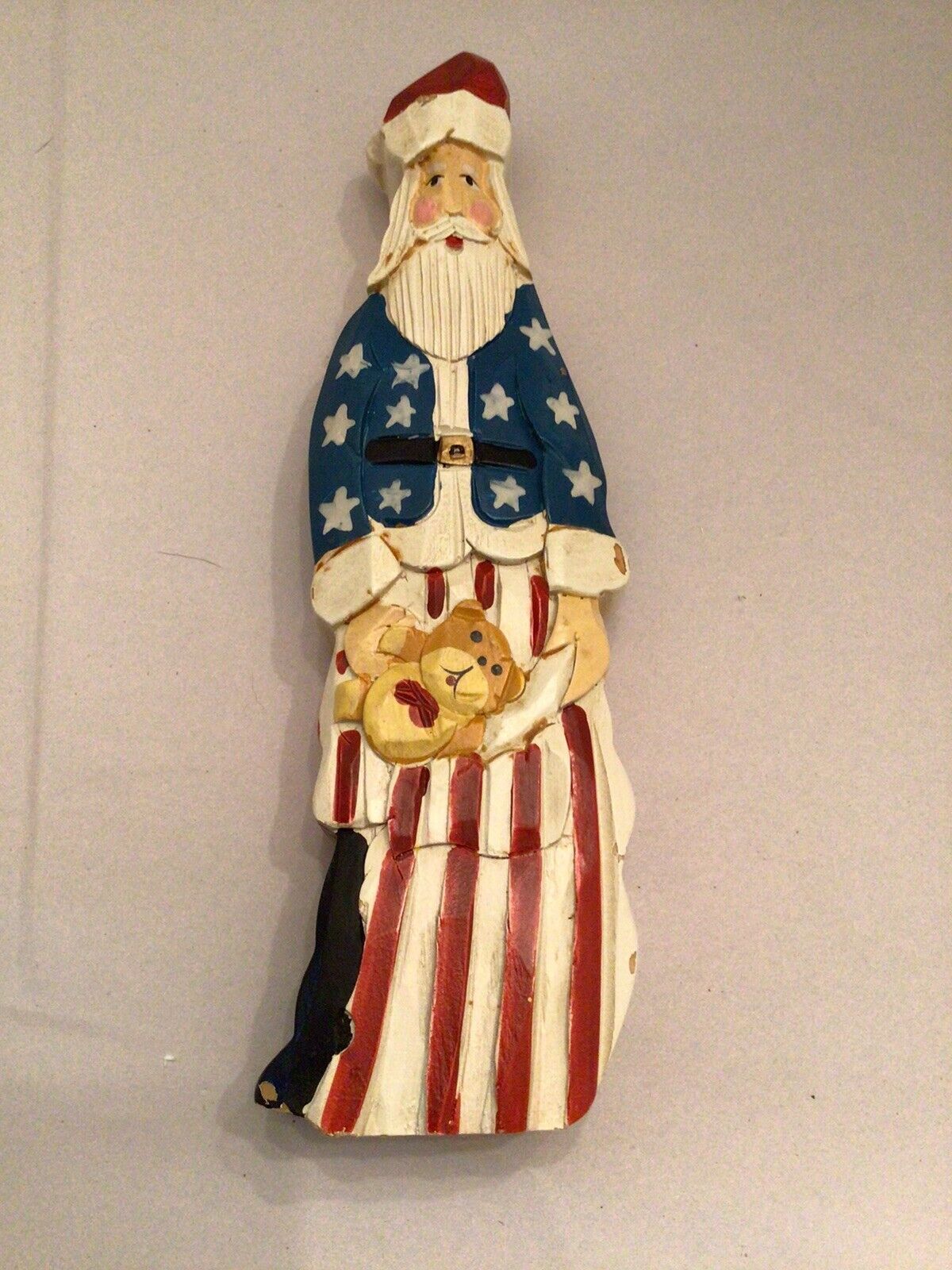 Vintage Patriotic Wood Santa With Bear 9.5” Tall Rustic Charm Christmas Decor