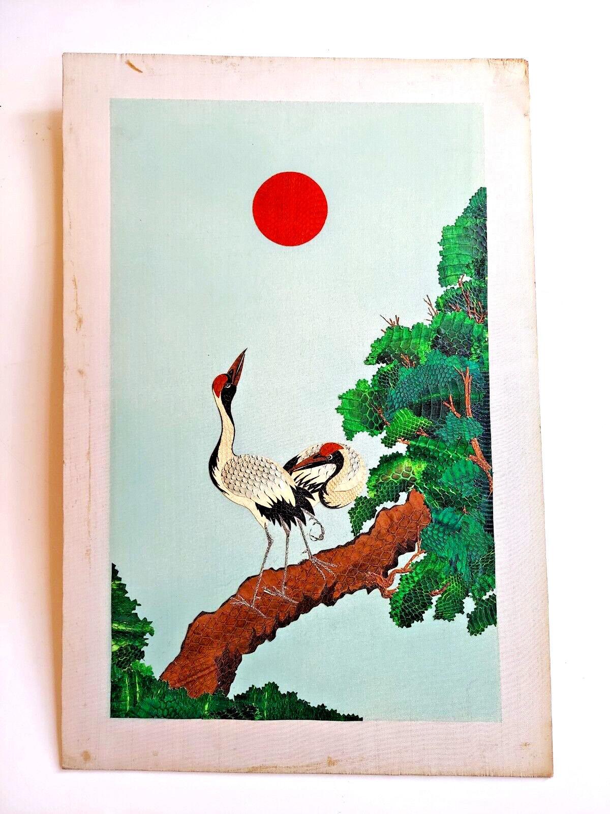 RARE Vintage dyed SNAKE SKIN on silk mosaic painting Chinese crane wall Art